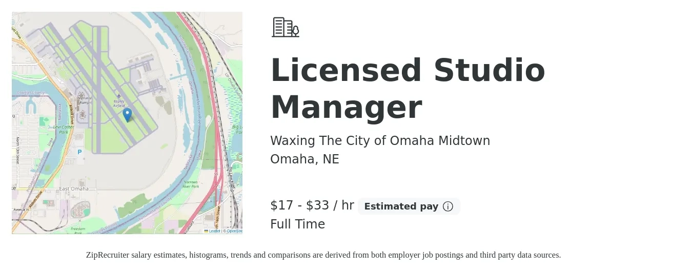 Waxing The City of Omaha Midtown job posting for a Licensed Studio Manager in Omaha, NE with a salary of $18 to $35 Hourly with a map of Omaha location.