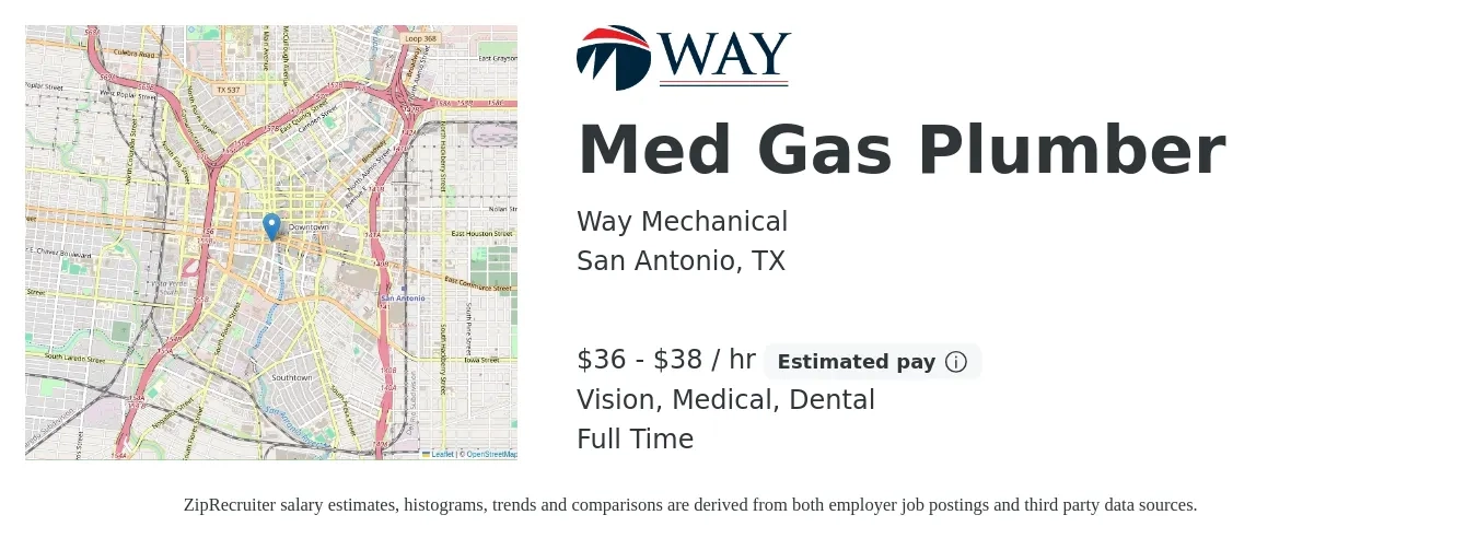 Way Mechanical job posting for a Med Gas Plumber in San Antonio, TX with a salary of $38 to $40 Hourly and benefits including dental, life_insurance, medical, and vision with a map of San Antonio location.