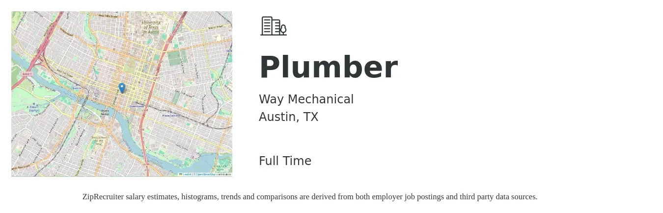 Way Mechanical job posting for a Plumber in Austin, TX with a salary of $24 to $36 Hourly with a map of Austin location.