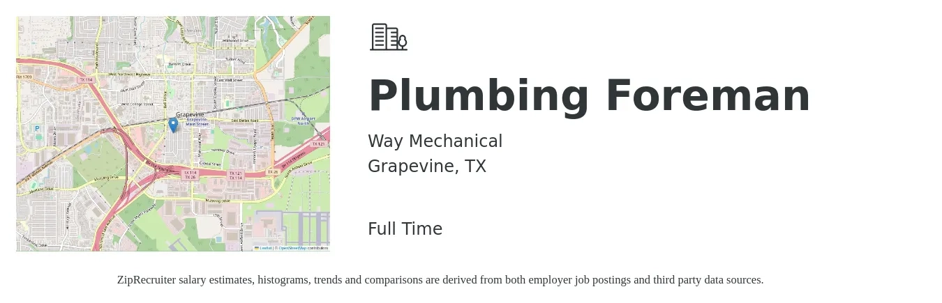 Way Mechanical job posting for a Plumbing Foreman in Grapevine, TX with a salary of $28 to $41 Hourly with a map of Grapevine location.