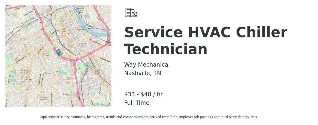 Way Mechanical job posting for a Service HVAC Chiller Technician in Nashville, TN with a salary of $35 to $50 Hourly with a map of Nashville location.