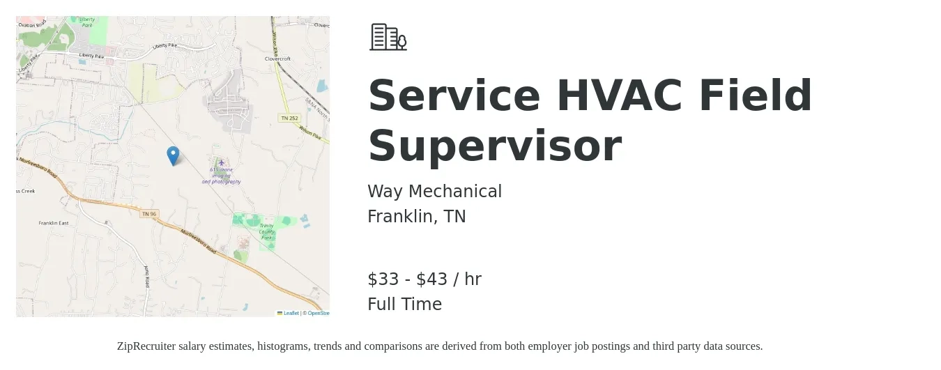 Way Mechanical job posting for a Service HVAC Field Supervisor in Franklin, TN with a salary of $35 to $45 Hourly with a map of Franklin location.