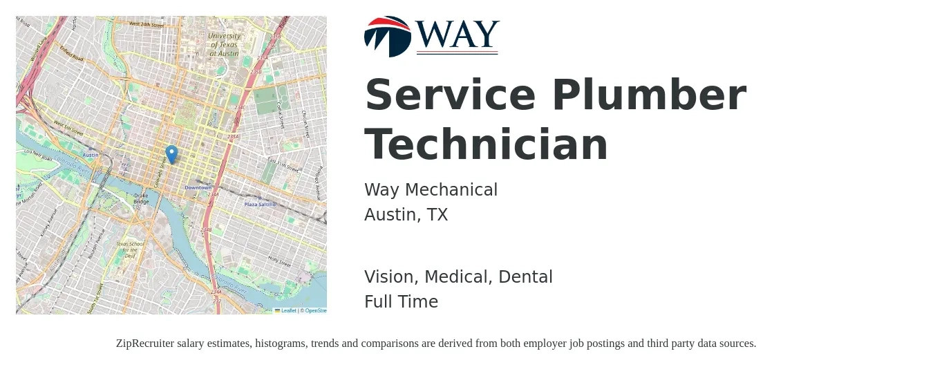 Way Mechanical job posting for a Service Plumber Technician in Austin, TX with a salary of $26 to $37 Hourly and benefits including vision, dental, medical, and pto with a map of Austin location.