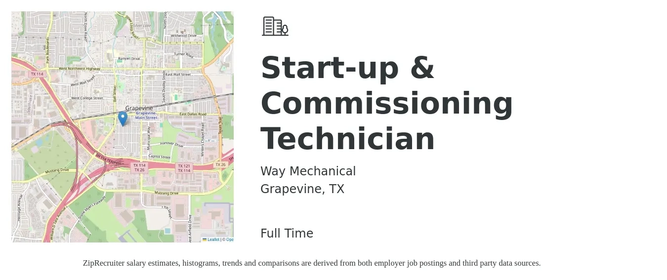 Way Mechanical job posting for a Start-up & Commissioning Technician in Grapevine, TX with a salary of $20 to $30 Hourly with a map of Grapevine location.