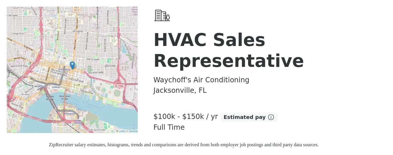 Waychoff's Air Conditioning job posting for a HVAC Sales Representative in Jacksonville, FL with a salary of $100,000 to $150,000 Yearly with a map of Jacksonville location.