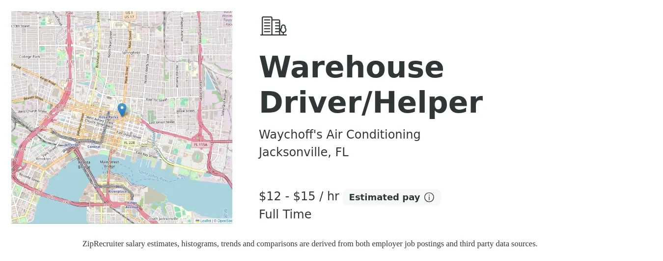 Waychoff's Air Conditioning job posting for a Warehouse Driver/Helper in Jacksonville, FL with a salary of $13 to $16 Hourly with a map of Jacksonville location.