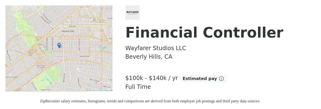 Wayfarer Studios LLC job posting for a Financial Controller in Beverly Hills, CA with a salary of $100,000 to $140,000 Yearly with a map of Beverly Hills location.