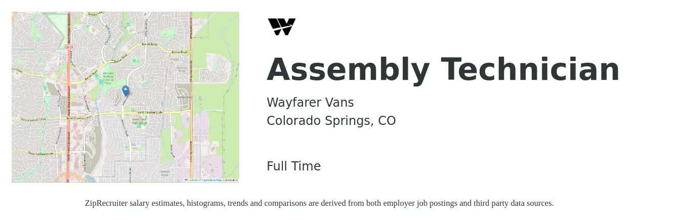 Wayfarer Vans job posting for a Assembly Technician in Colorado Springs, CO with a salary of $20 to $21 Hourly with a map of Colorado Springs location.