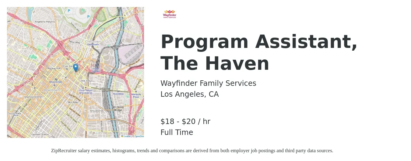 Wayfinder Family Services job posting for a Program Assistant, The Haven in Los Angeles, CA with a salary of $19 to $22 Hourly with a map of Los Angeles location.