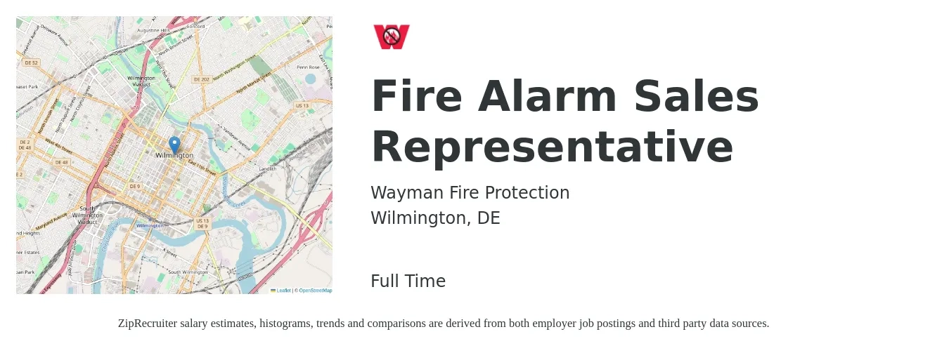 Wayman Fire Protection job posting for a Fire Alarm Sales Representative in Wilmington, DE with a salary of $51,900 to $90,200 Yearly with a map of Wilmington location.