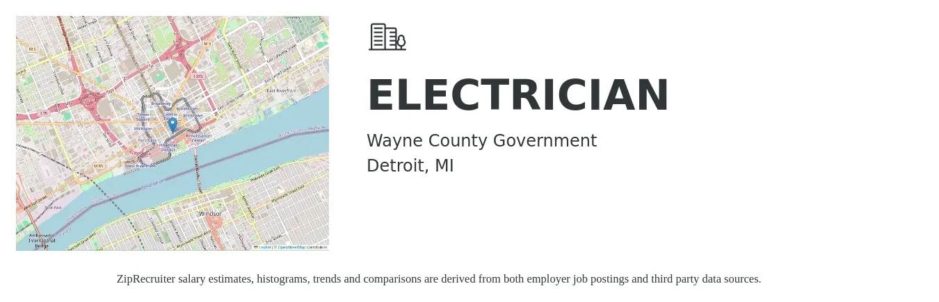 Wayne County Government job posting for a ELECTRICIAN in Detroit, MI with a salary of $78,811 Yearly with a map of Detroit location.