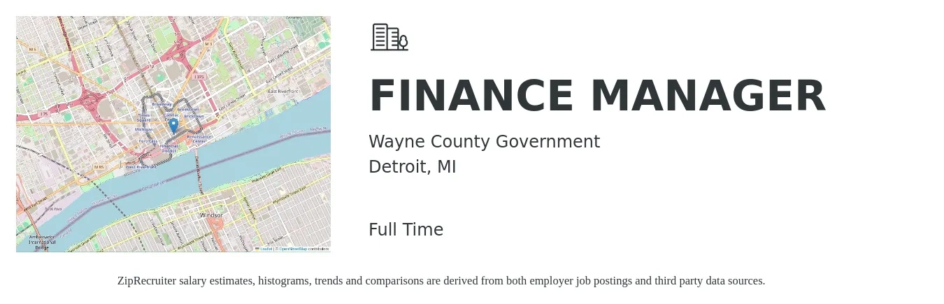 Wayne County Government job posting for a FINANCE MANAGER in Detroit, MI with a salary of $47,868 to $71,907 Yearly with a map of Detroit location.
