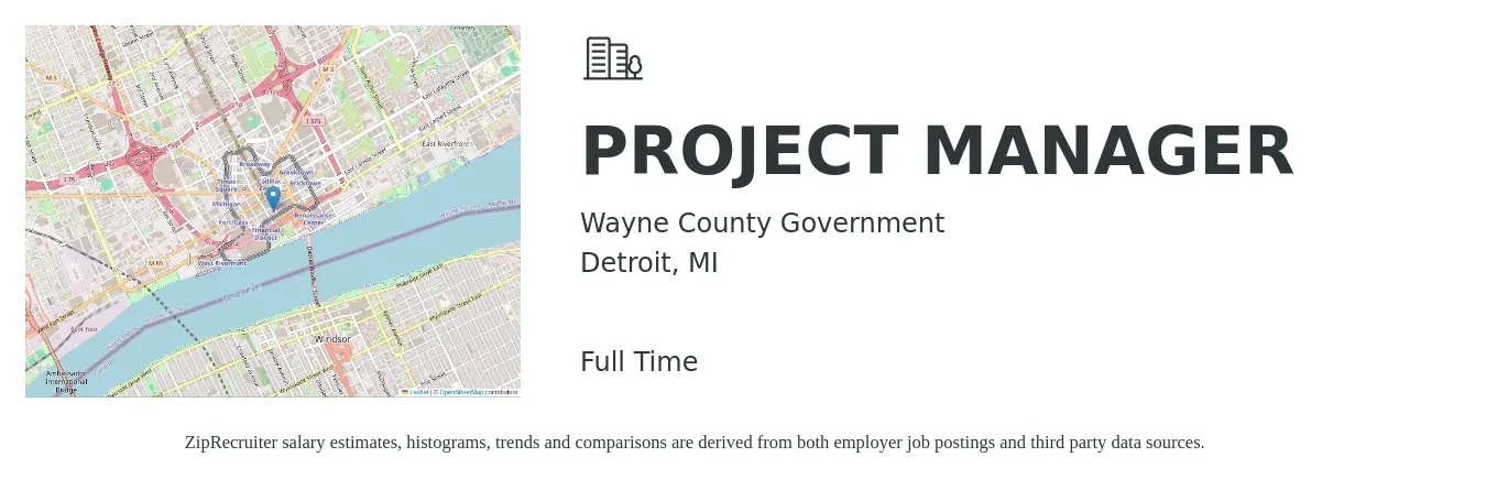 Wayne County Government job posting for a PROJECT MANAGER in Detroit, MI with a salary of $77,700 to $121,800 Yearly with a map of Detroit location.