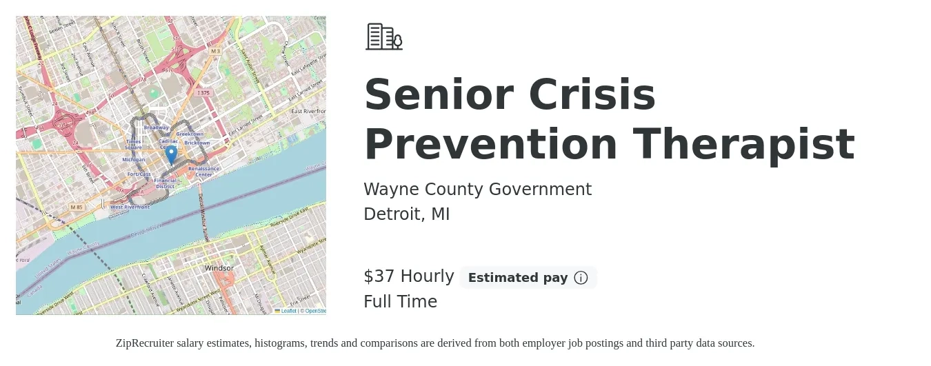 Wayne County Government job posting for a Senior Crisis Prevention Therapist in Detroit, MI with a salary of $39 Hourly with a map of Detroit location.