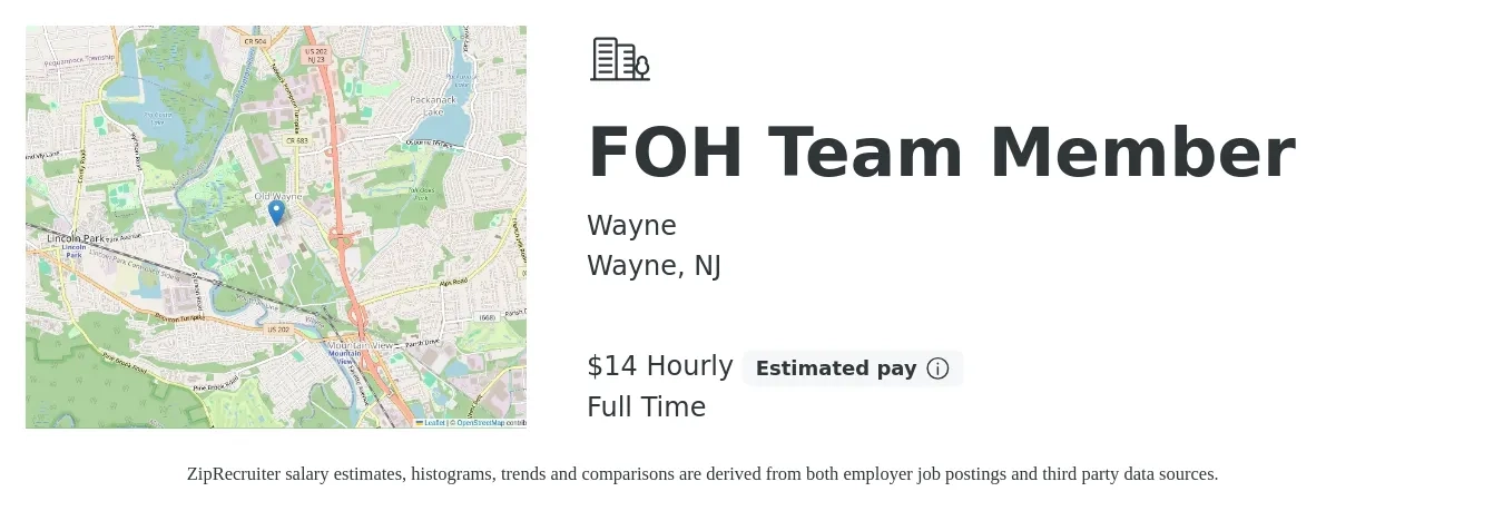 Wayne job posting for a FOH Team Member in Wayne, NJ with a salary of $16 Hourly with a map of Wayne location.