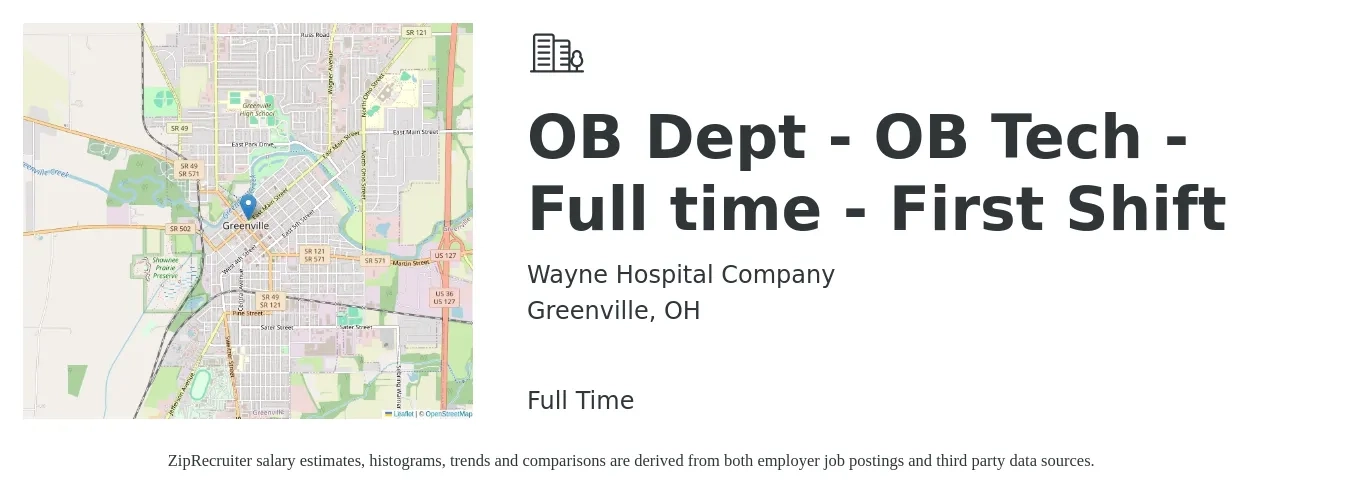 Wayne Hospital Company job posting for a OB Dept - OB Tech - Full time - First Shift in Greenville, OH with a salary of $21 to $42 Hourly with a map of Greenville location.