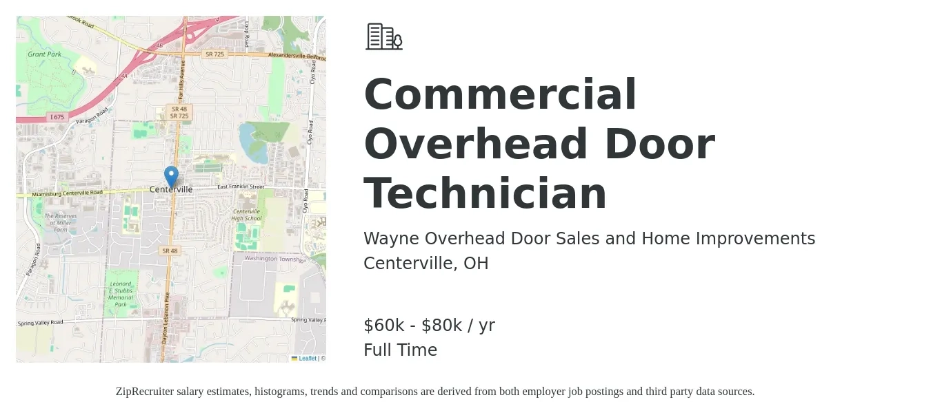 Wayne Overhead Door Sales and Home Improvements job posting for a Commercial Overhead Door Technician in Centerville, OH with a salary of $60,000 to $80,000 Yearly with a map of Centerville location.
