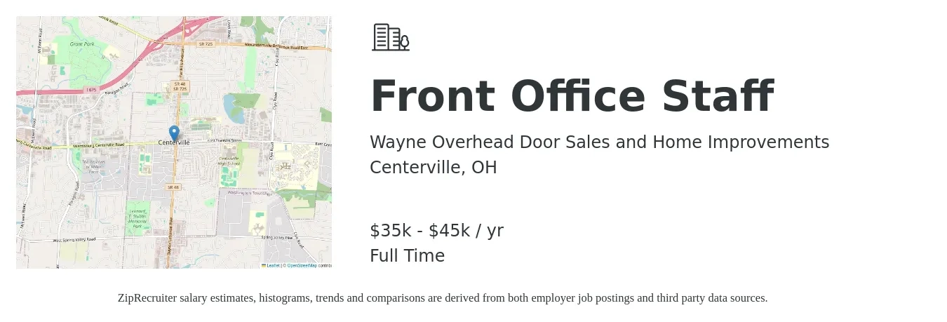 Wayne Overhead Door Sales and Home Improvements job posting for a Front Office Staff in Centerville, OH with a salary of $35,000 to $45,000 Yearly with a map of Centerville location.