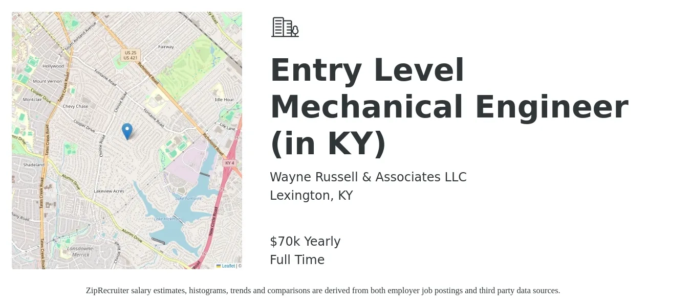 Wayne Russell & Associates LLC job posting for a Entry Level Mechanical Engineer (in KY) in Lexington, KY with a salary of $70,000 Yearly with a map of Lexington location.