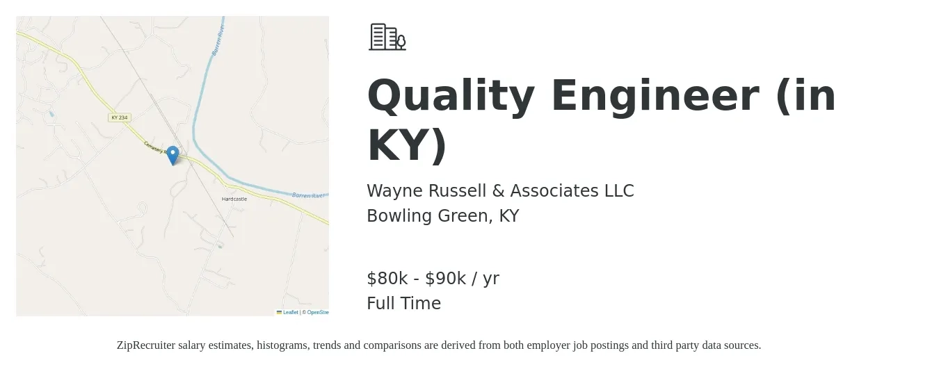 Wayne Russell & Associates LLC job posting for a Quality Engineer (in KY) in Bowling Green, KY with a salary of $80,000 to $90,000 Yearly with a map of Bowling Green location.
