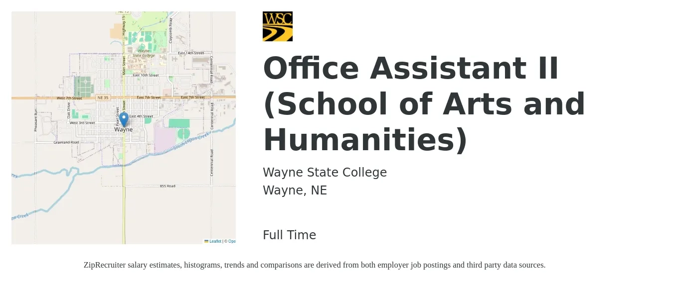 Wayne State College job posting for a Office Assistant II (School of Arts and Humanities) in Wayne, NE with a salary of $16 to $20 Hourly with a map of Wayne location.