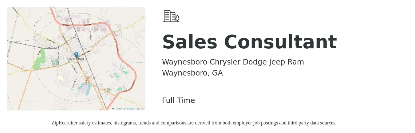 Waynesboro Chrysler Dodge Jeep Ram job posting for a Sales Consultant in Waynesboro, GA with a salary of $32,000 to $62,800 Yearly with a map of Waynesboro location.