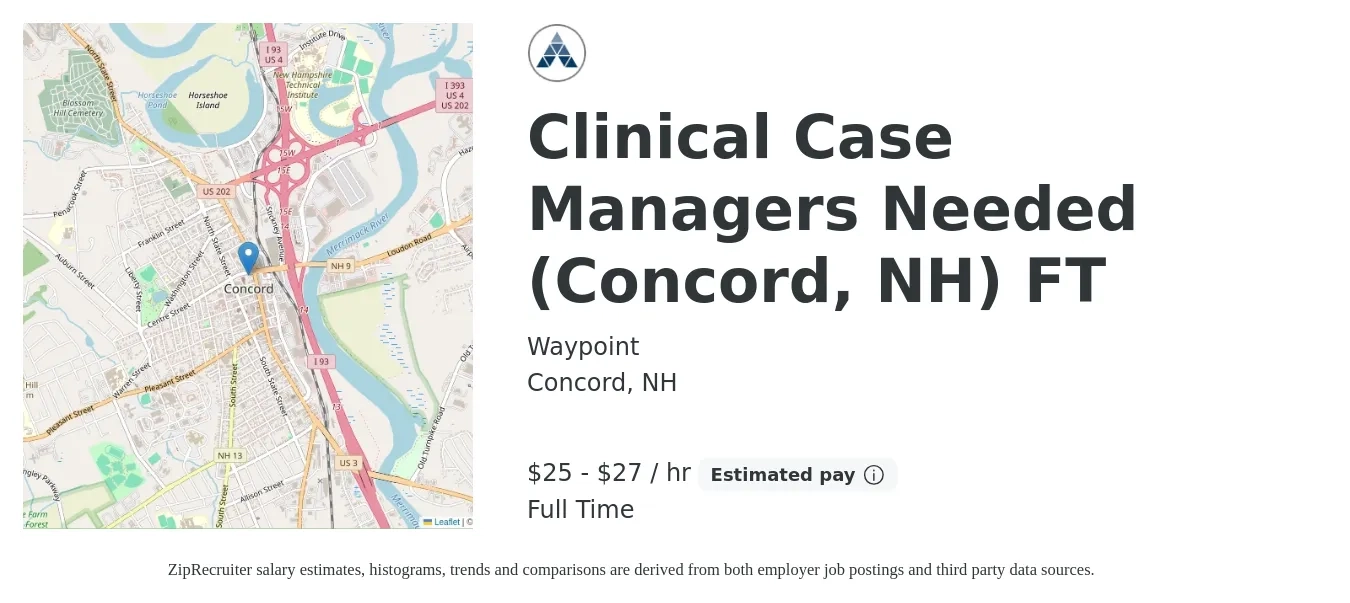 Waypoint job posting for a Clinical Case Managers Needed - Concord, NH (FT) in Concord, NH with a salary of $27 to $29 Hourly with a map of Concord location.