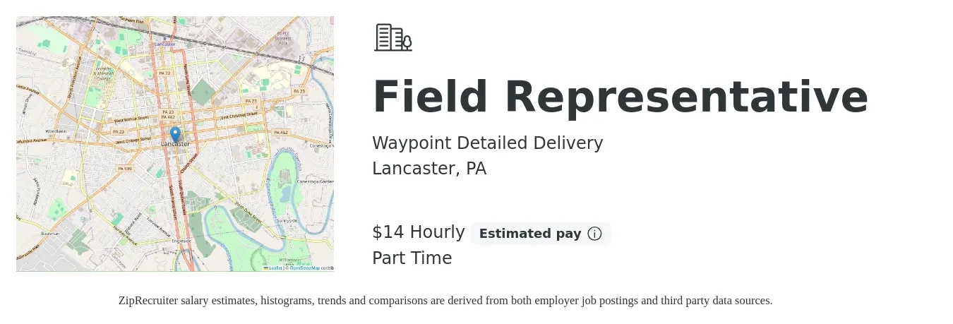 Waypoint Detailed Delivery job posting for a Field Representative in Lancaster, PA with a salary of $15 Hourly with a map of Lancaster location.