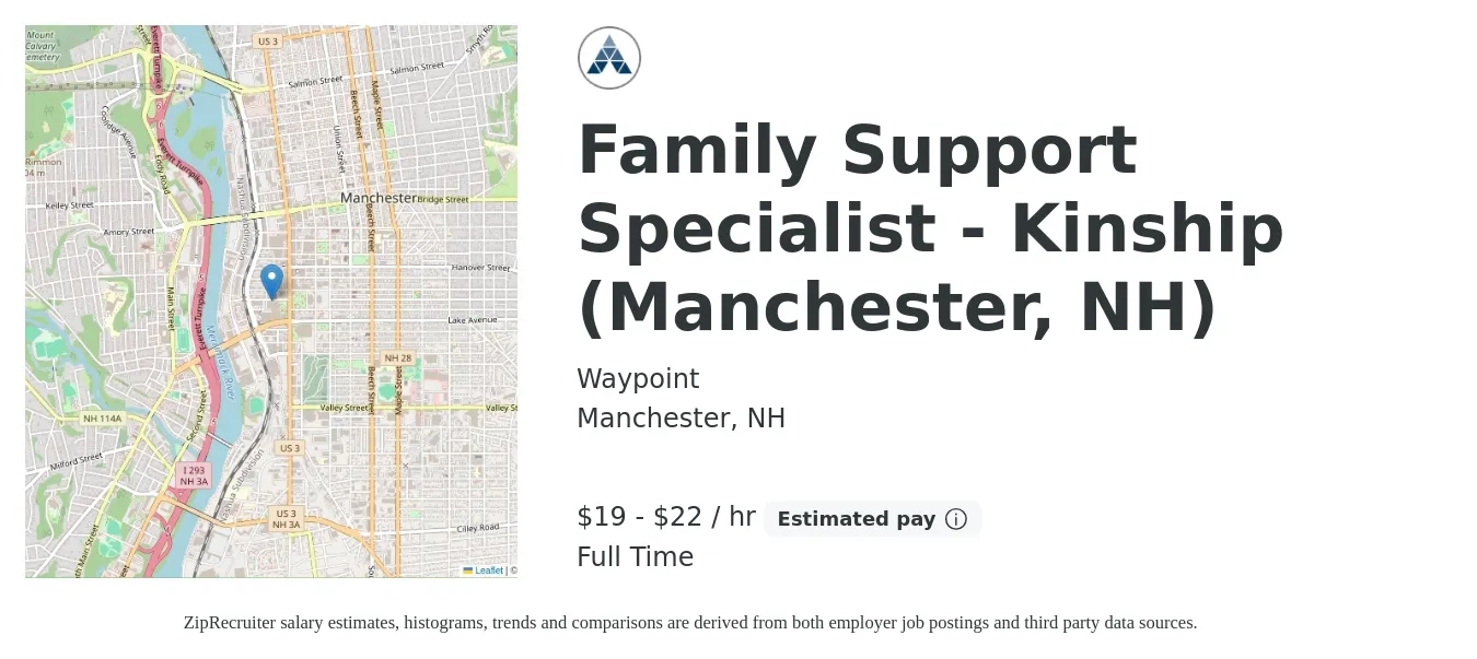 Waypoint job posting for a Family Support Specialist - Kinship (Manchester, NH) in Manchester, NH with a salary of $20 to $23 Hourly with a map of Manchester location.