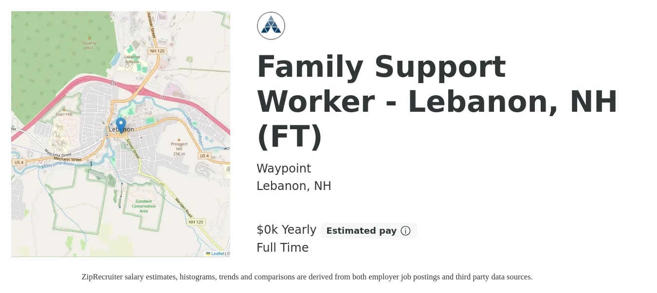 Waypoint job posting for a Family Support Worker - Lebanon, NH (FT) in Lebanon, NH with a salary of $21 to $23 Yearly with a map of Lebanon location.