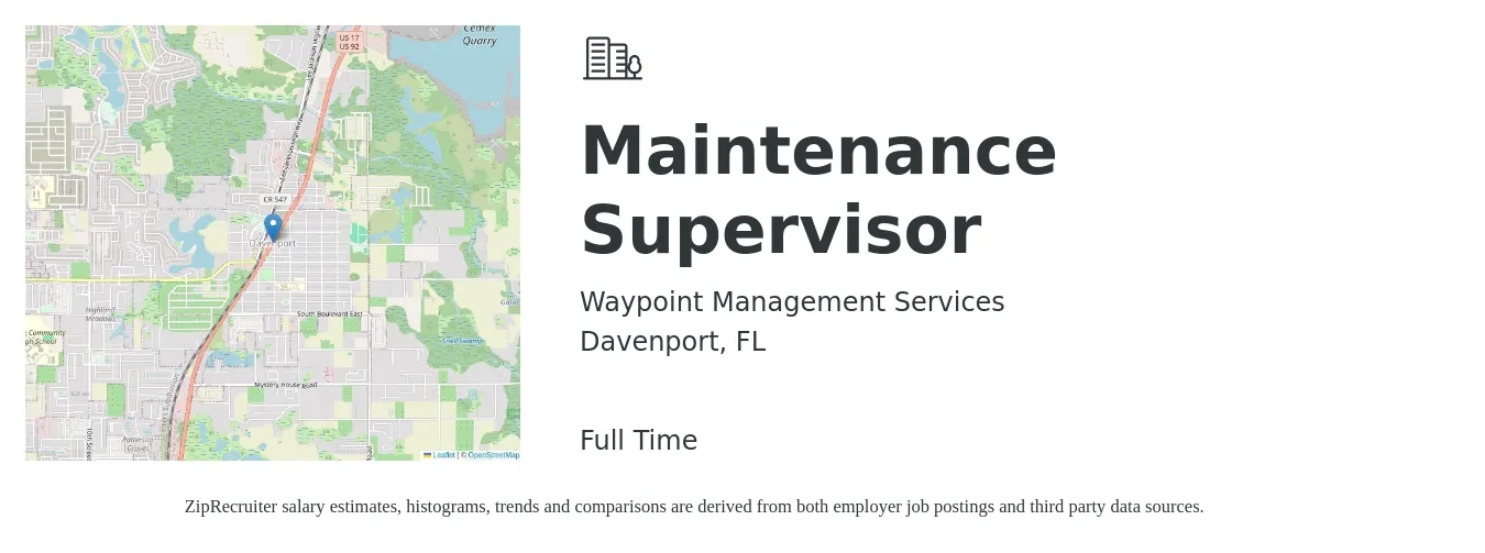 Waypoint Management Services job posting for a Maintenance Supervisor in Davenport, FL with a salary of $20 to $33 Hourly with a map of Davenport location.