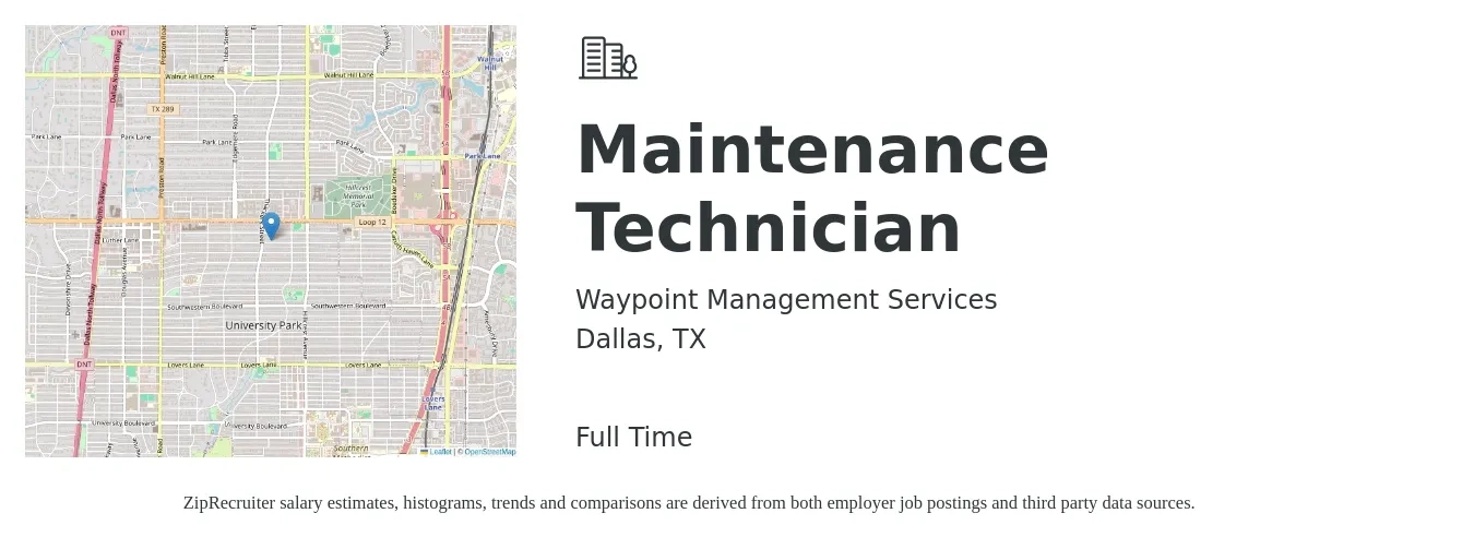 Waypoint Management Services job posting for a Maintenance Technician in Dallas, TX with a salary of $19 to $26 Hourly with a map of Dallas location.