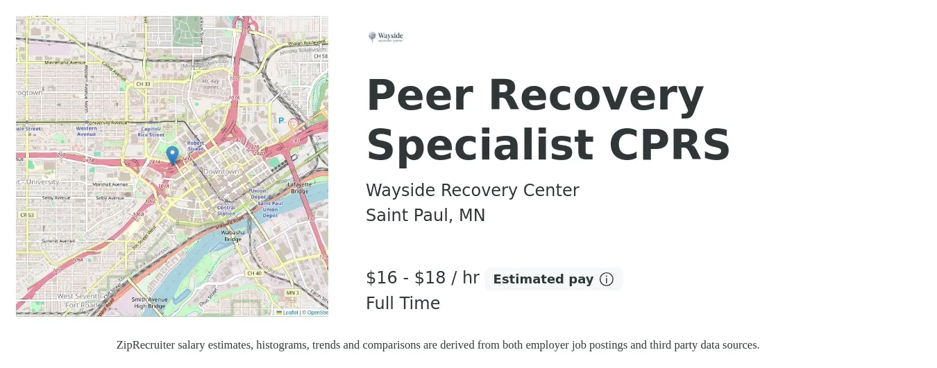 Wayside Recovery Center job posting for a Peer Recovery Specialist CPRS in Saint Paul, MN with a salary of $17 to $19 Hourly with a map of Saint Paul location.
