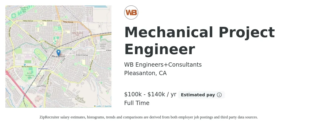 WB Engineers+Consultants job posting for a Mechanical Project Engineer in Pleasanton, CA with a salary of $100,000 to $140,000 Yearly with a map of Pleasanton location.