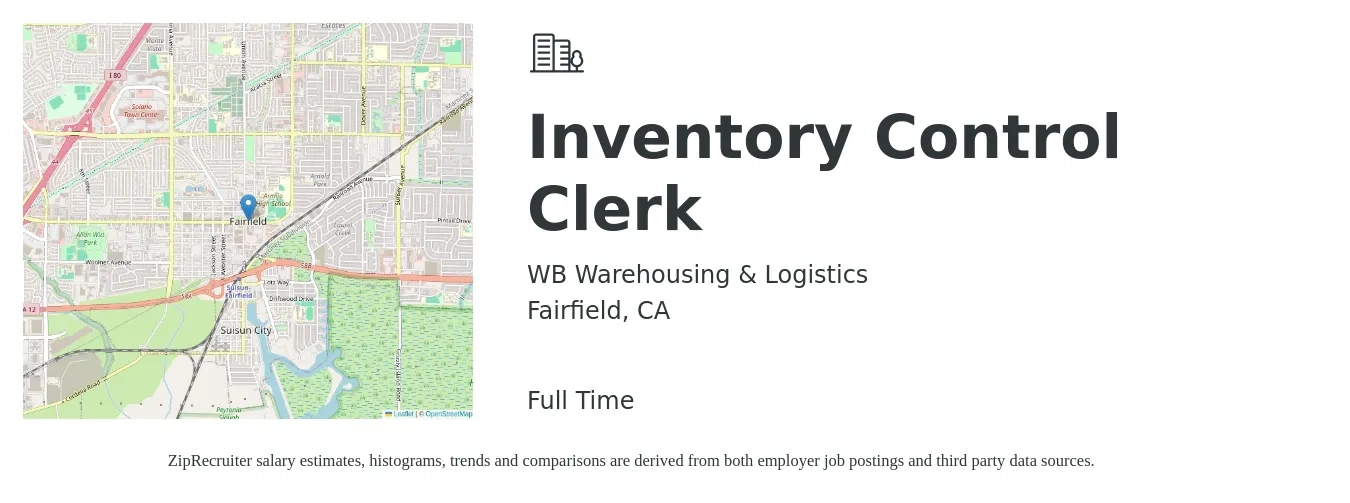 WB Warehousing & Logistics job posting for a Inventory Control Clerk in Fairfield, CA with a salary of $18 to $21 Hourly with a map of Fairfield location.