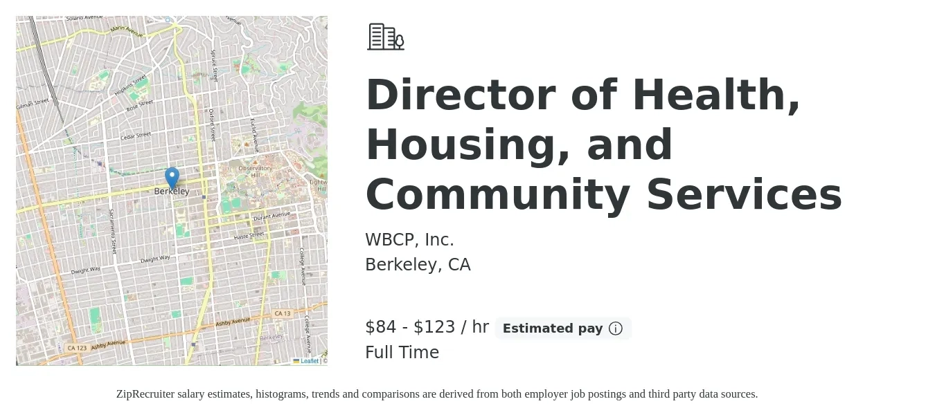 WBCP, Inc. job posting for a Director of Health, Housing, and Community Services in Berkeley, CA with a salary of $182,945 to $267,549 Yearly with a map of Berkeley location.