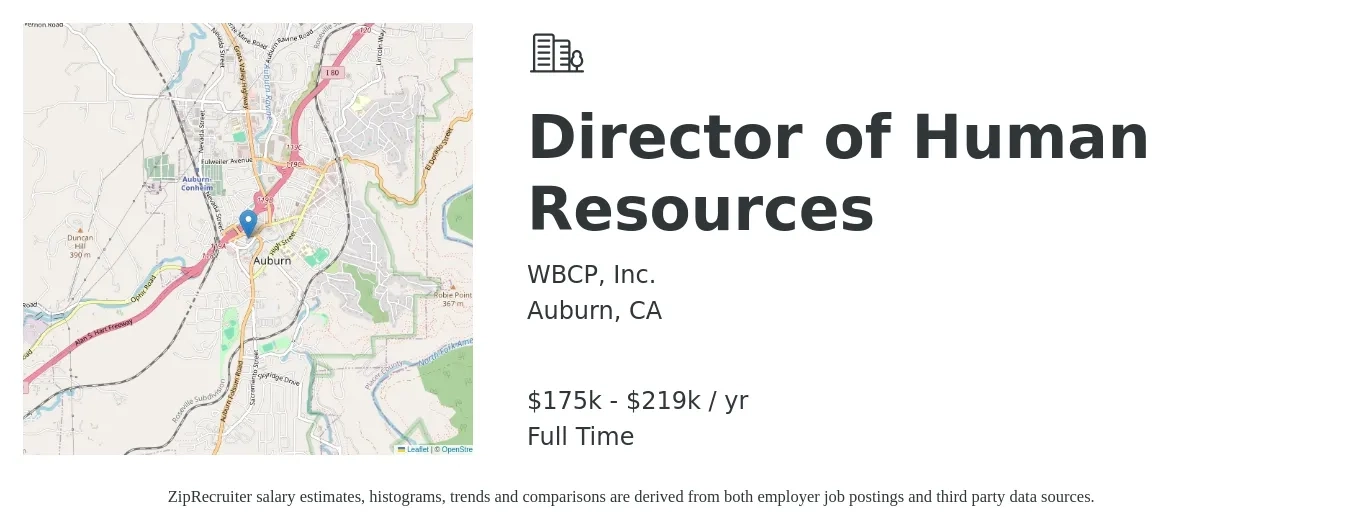 WBCP, Inc. job posting for a Director of Human Resources in Auburn, CA with a salary of $175,739 to $219,482 Yearly with a map of Auburn location.
