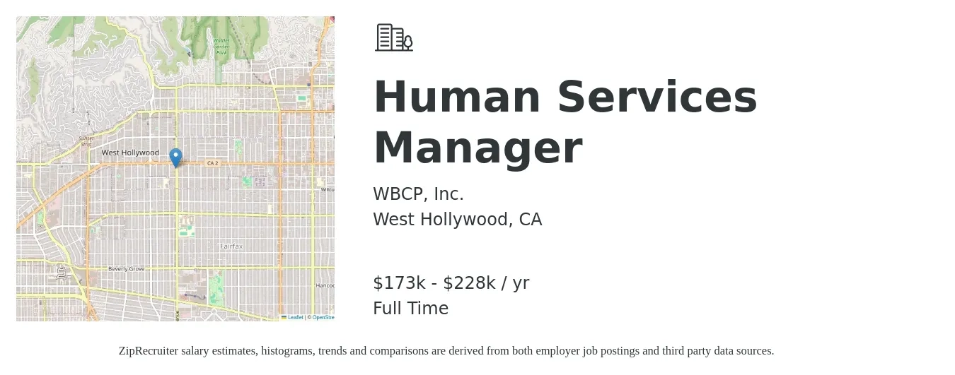 WBCP, Inc. job posting for a Human Services Manager in West Hollywood, CA with a salary of $173,279 to $228,058 Yearly with a map of West Hollywood location.