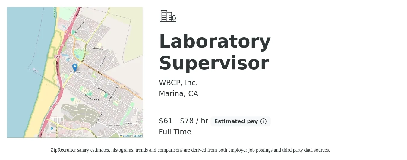 WBCP, Inc. job posting for a Laboratory Supervisor in Marina, CA with a salary of $133,203 to $170,004 Yearly with a map of Marina location.