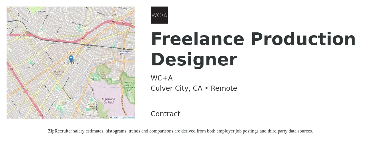 WC+A job posting for a Freelance Production Designer in Culver City, CA with a salary of $35 to $50 Hourly with a map of Culver City location.