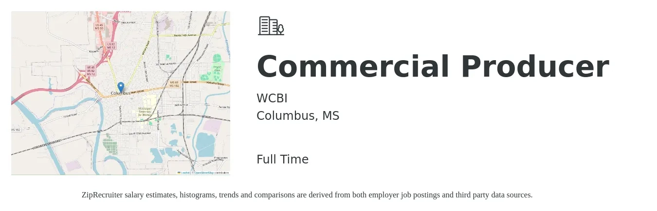 WCBI job posting for a Commercial Producer in Columbus, MS with a salary of $59,600 to $108,500 Yearly with a map of Columbus location.