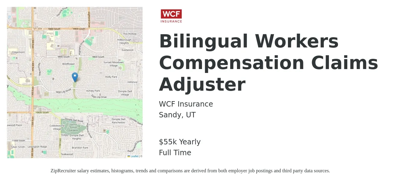 WCF Insurance job posting for a Bilingual Workers Compensation Claims Adjuster in Sandy, UT with a salary of $55,680 Yearly with a map of Sandy location.