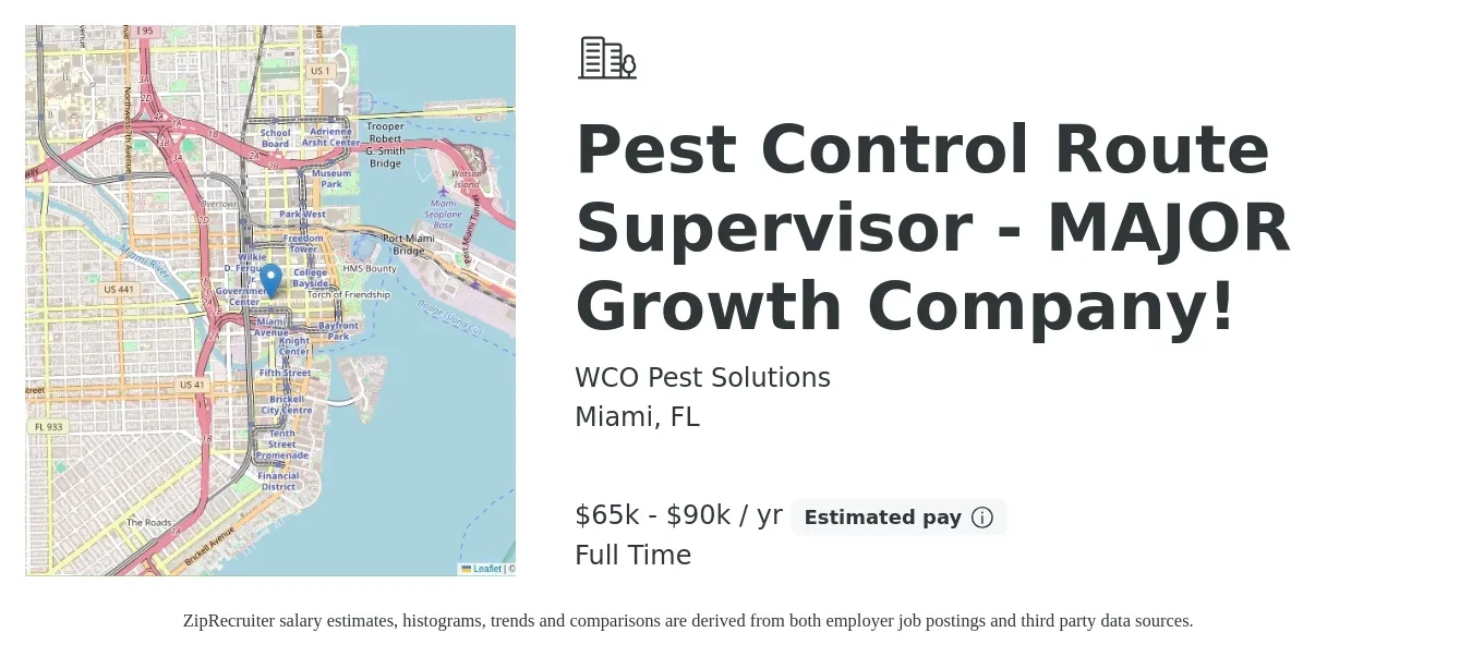 WCO Pest Solutions job posting for a Pest Control Route Supervisor - MAJOR Growth Company! in Miami, FL with a salary of $65,000 to $90,000 Yearly with a map of Miami location.