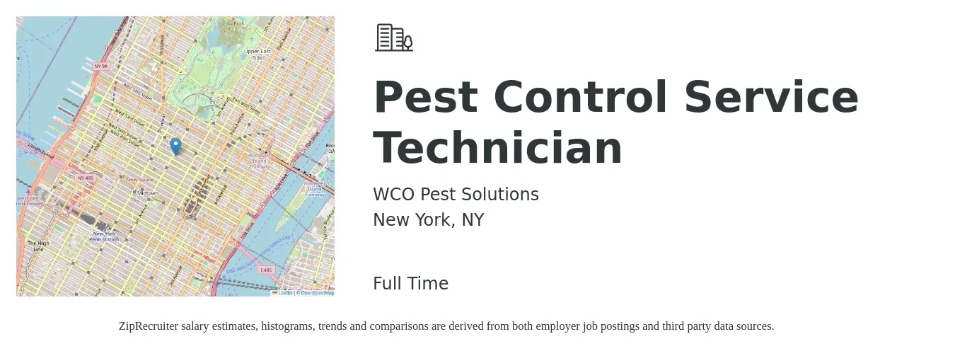 WCO Pest Solutions job posting for a Pest Control Service Technician in New York, NY with a salary of $20 to $25 Hourly with a map of New York location.