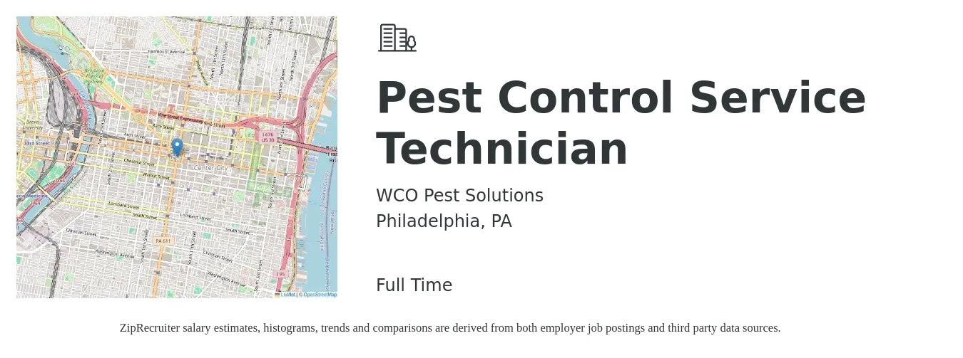 WCO Pest Solutions job posting for a Pest Control Service Technician in Philadelphia, PA with a salary of $20 to $25 Hourly with a map of Philadelphia location.