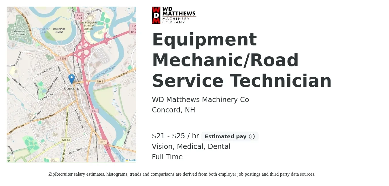 WD Matthews Machinery Co job posting for a Equipment Mechanic/Road Service Technician in Concord, NH with a salary of $22 to $26 Hourly and benefits including vision, dental, life_insurance, medical, pto, and retirement with a map of Concord location.