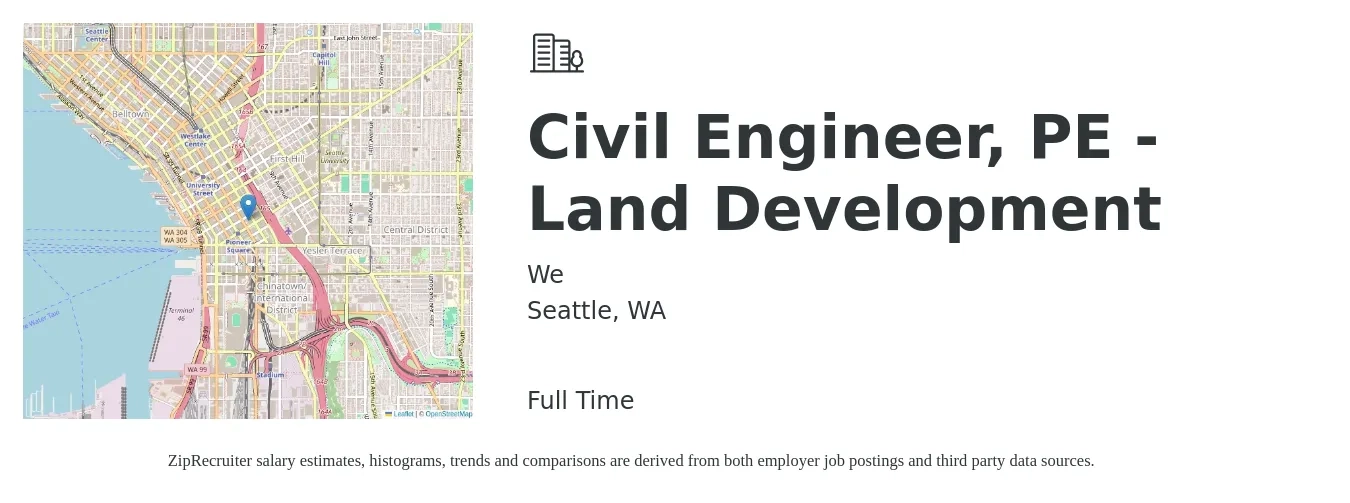 We job posting for a Civil Engineer, PE - Land Development in Seattle, WA with a salary of $89,900 to $128,600 Yearly with a map of Seattle location.