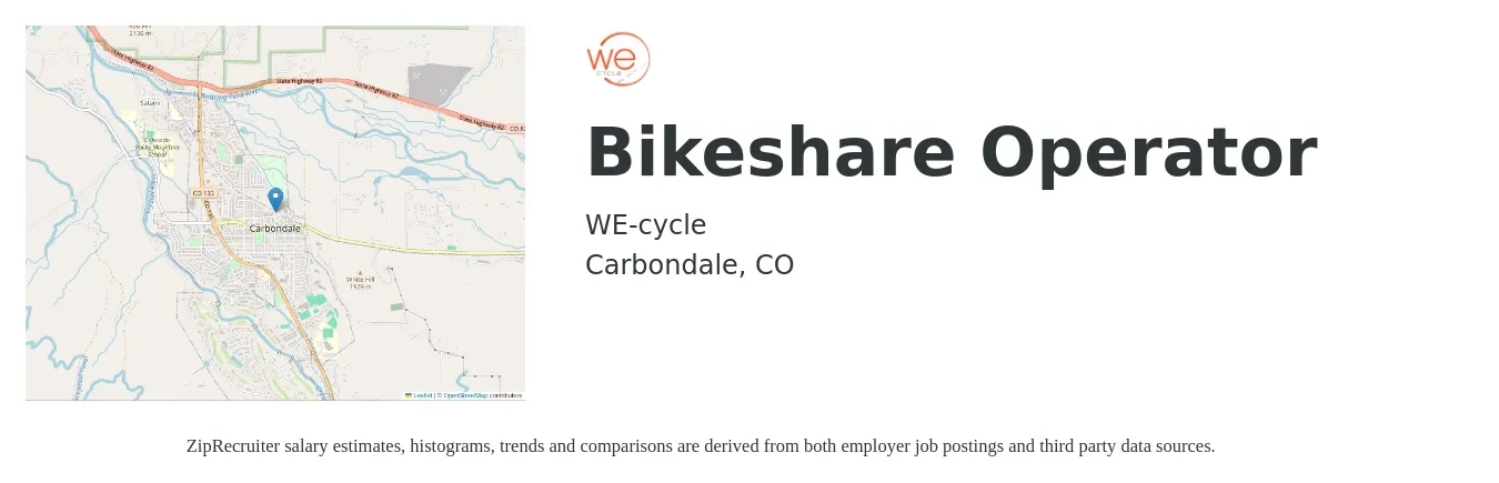 WE-cycle job posting for a Bikeshare Operator in Carbondale, CO with a salary of $22 Hourly with a map of Carbondale location.