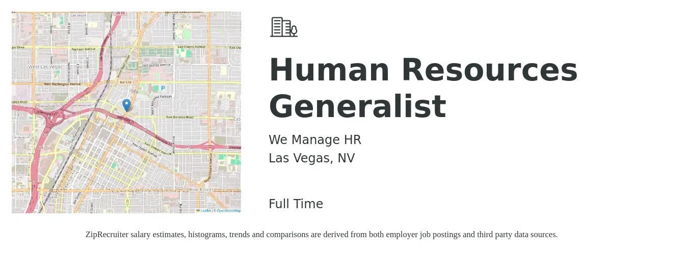 We Manage HR job posting for a Human Resources Generalist in Las Vegas, NV with a salary of $49,700 to $70,700 Yearly with a map of Las Vegas location.