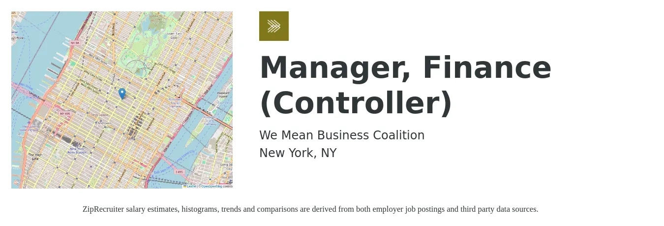 We Mean Business Coalition job posting for a Manager, Finance (Controller) in New York, NY with a salary of $103,400 to $183,800 Yearly with a map of New York location.